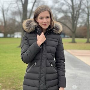 Michael Kors Brown Down Puffer Coat Women’s Small Faux Fur Hood Winter Jacket